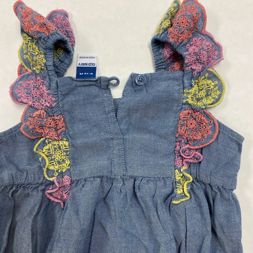 Old Navy Baby Girl Jean Romper Chambray Eyelet Ruffled 6-12 Months